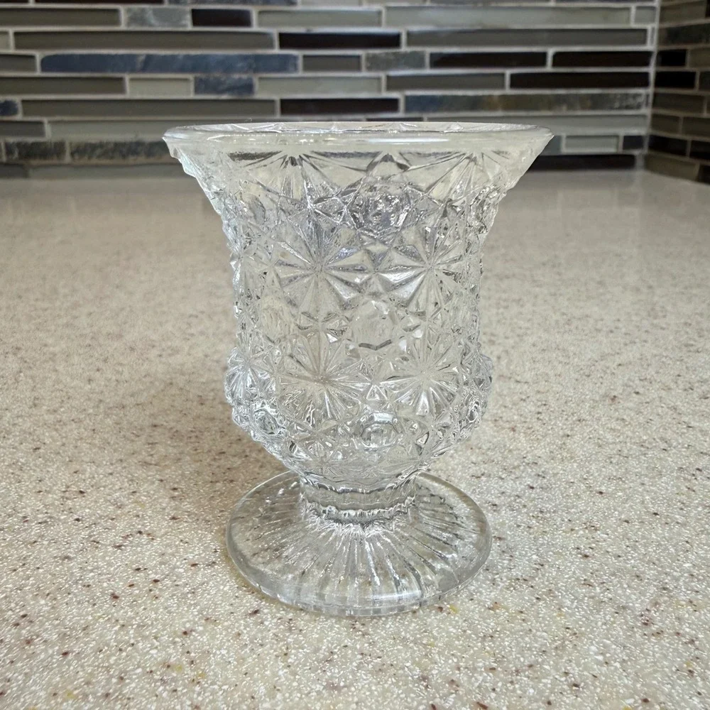 VTG Clear Pressed Glass Pedestal Toothpick Holder Starburst Pattern 2.5